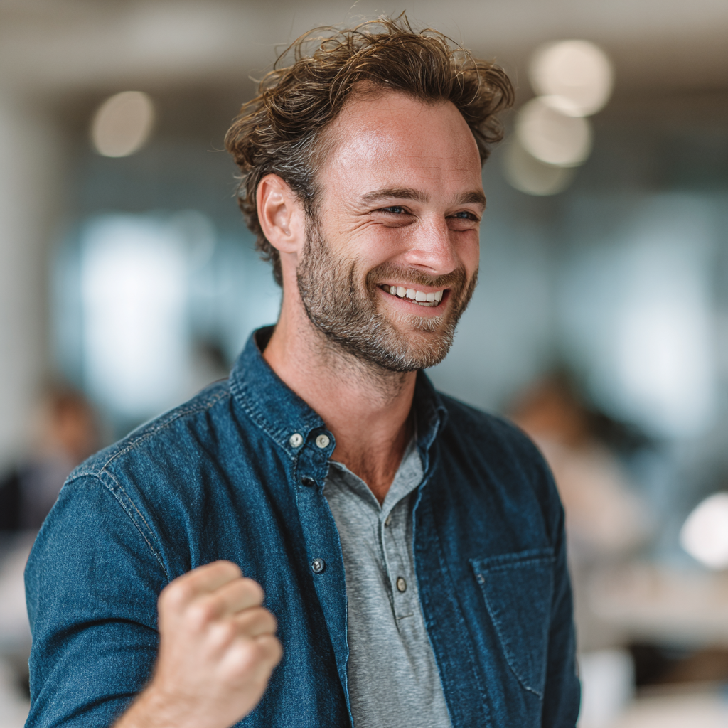 Successful man celebrating achievement in modern training environment showing confidence and satisfaction